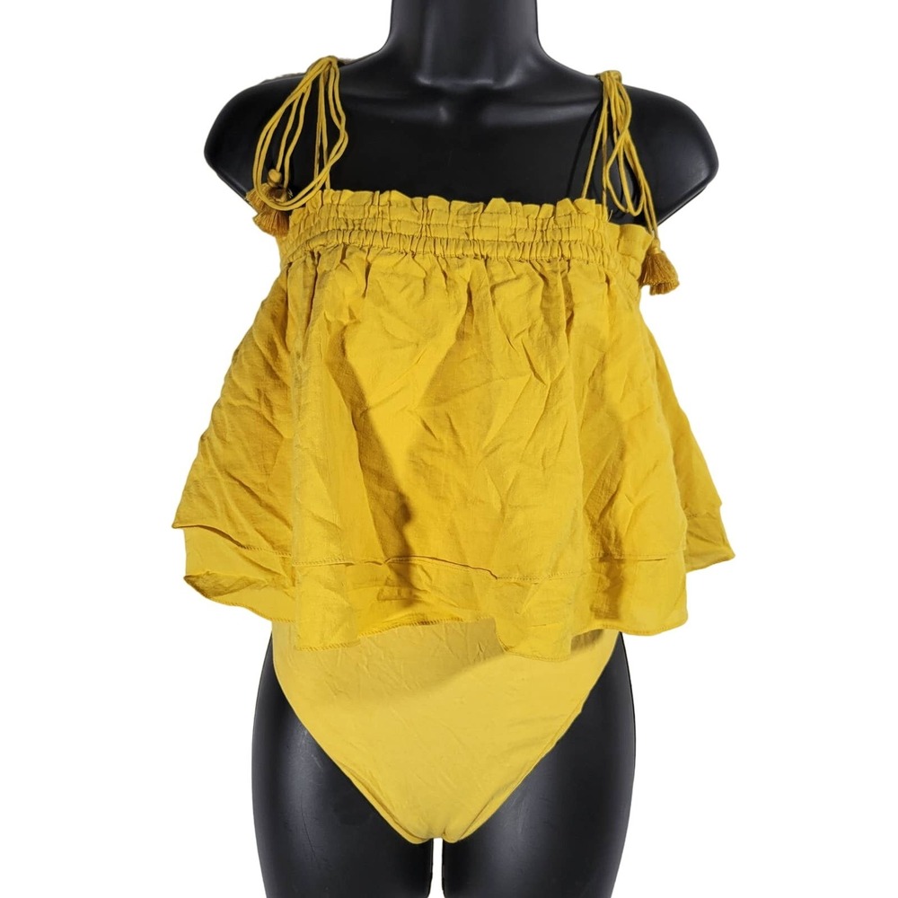 Intimately Free People Yellow Smocked Ruffle‎ Tassel Bodysuit